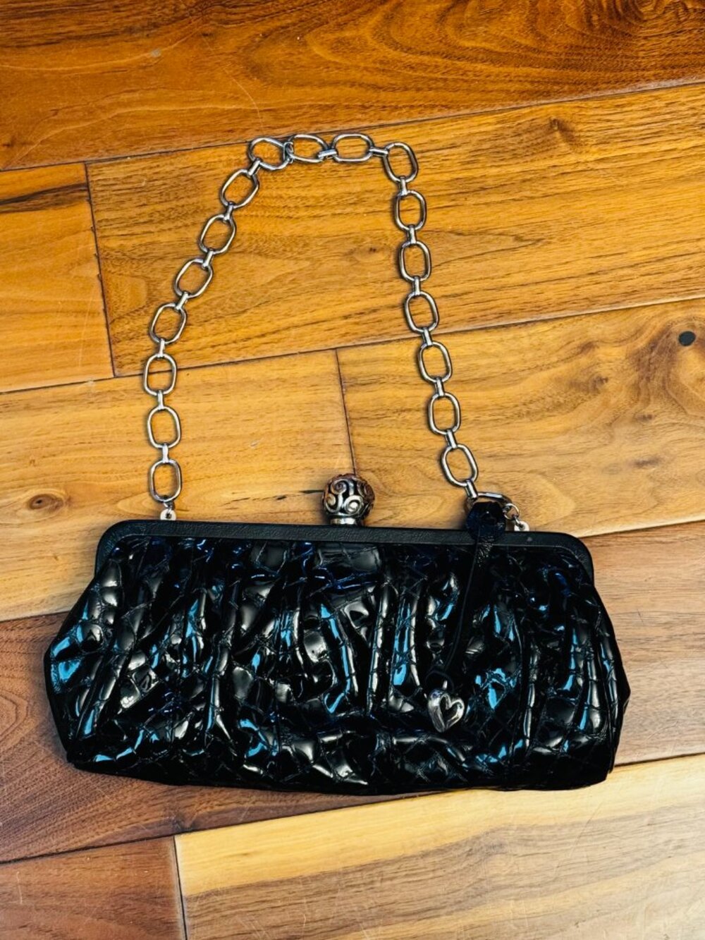 Vtg Brighton Black Crocodile emboss Patent Leather Clutch Shoulder Silver Chain